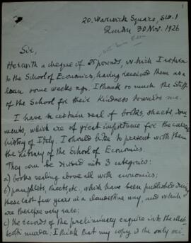 Letter from Salvemini to LSE, Nov 1926