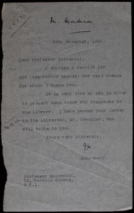 Letter from LSE Secretary to Salvemini, Nov 1926